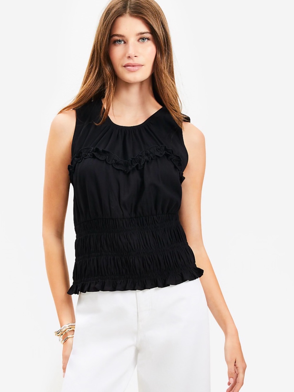 Loft Black Sleeveless Ruffle Smocked Waist Top Size L